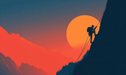 Silhouette of a climber ascending a mountain at sunset, adventure concept.