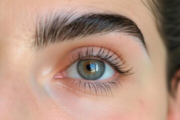 Obraz premium Close up of beautiful green eye with long eyelashes and perfect eyebrow makeup