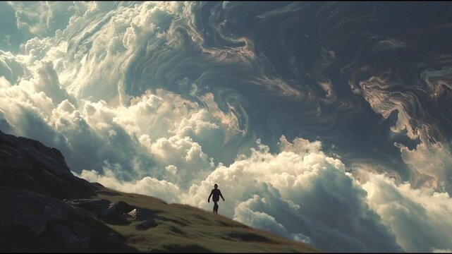 Exploring a vast landscape under a swirling sky filled with clouds