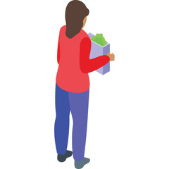 Pixelated isometric illustration of a woman in a red long sleeve shirt and blue pants holding a grey container filled with green items against a white background