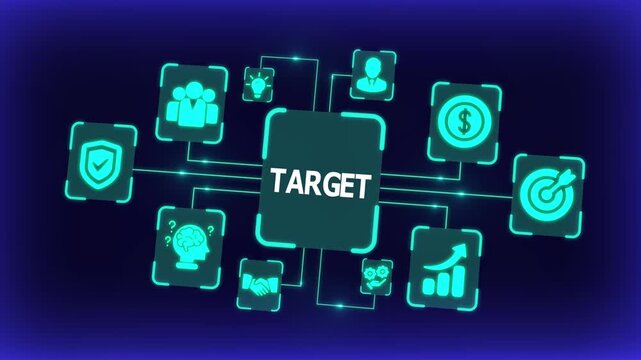 Target and business strategy concept highlighting goal-setting, teamwork, leadership, innovation, data analytics, and digital technology driving growth and success.