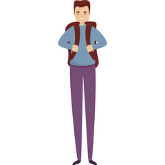 Pixelated Man With Backpack Standing Tall on Transparent Background Wearing Blue Shirt Purple Pants and Maroon Vest