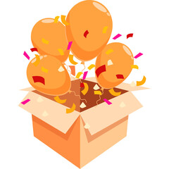 Open Box with Orange Balloons and Confetti Floating Upward Celebration Surprise Party Concept Isolated on White Background