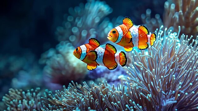 Harmony Beneath the Waves: Two vibrant clownfish swim gracefully amidst a coral reef teeming with marine life. Their bright colors illuminate the underwater world.