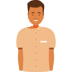 Fototapeta premium Portrait of a smiling man with brown hair and tan skin wearing a light peach collared shirt with a chest pocket on a white background