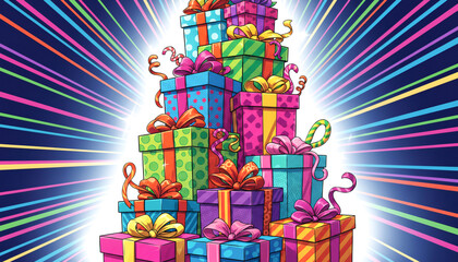 A colorful Christmas tree made of many boxes. The boxes are of different colors and sizes. The tree is surrounded by a bright light, giving it a festive and joyful appearance