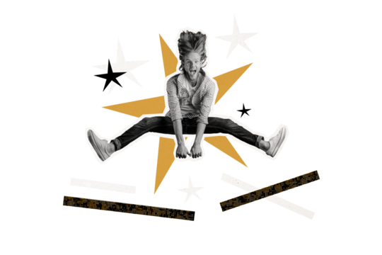 Composite photo collage of excited wild happy man jump rock concert fan crazy party rock roll event isolated on painted background