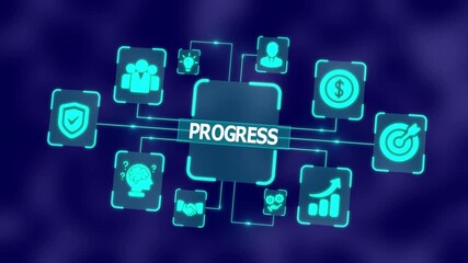 Progress and business growth concept emphasizing teamwork, innovation, leadership, strategy, data analytics, and digital technology driving productivity and success.
