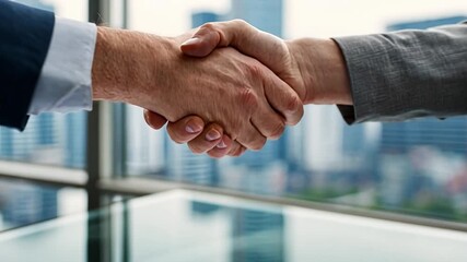 Deal Done: A formal handshake seals a business agreement, with a blurred cityscape background symbolizing ambition and progress. Capturing the essence of partnership and success. - Powered by Adobe