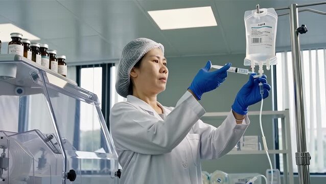 Female Asian Nurse Administering IV Medication in a Clinical Setting