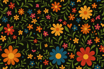 Mexican flower pattern with floral folk elements and colorful seamless design. Decorative traditional background for crafts and textiles or prints by artists. Ideal for decor.