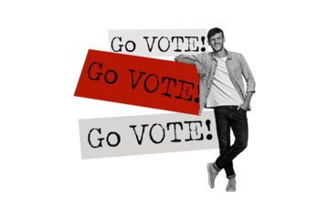 Composite trend artwork 3D sketch image photo collage of call election choice democracy young man stand hand hold go vote huge banner