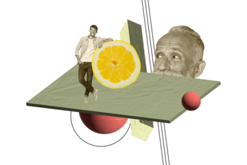 Contemporary poster trend art collage of two happy old young men look lemon half fruit sour tropical nutrition detox diet healthcare