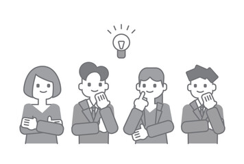 ビジネスマンチームがひらめくイラスト（モノクロ）