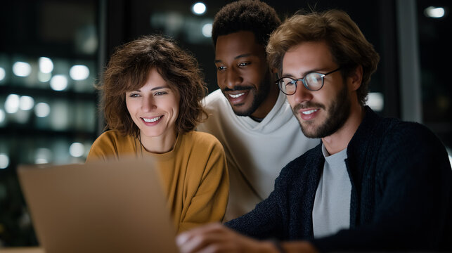 Team collaborating happily on laptop at night, sharing ideas