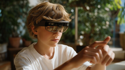 Young boy uses augmented reality headset for immersive learning and play