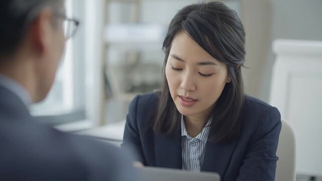 Professional Asian Female School Principal in Focused Office Discussion with Colleague, Demonstrating Leadership