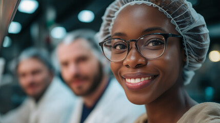 Happy diverse team members in professional sterile environment