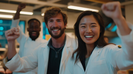 Diverse scientists celebrate breakthrough success with raised fists