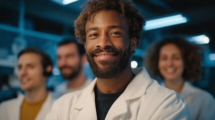 Confident scientist smiles leading diverse research team in modern lab