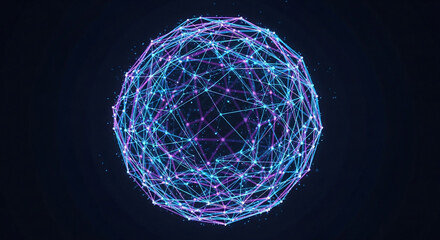 Connected Dots Form a Glowing Network Sphere on a Dark Blue Background