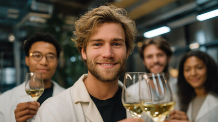 Diverse colleagues celebrate win with wine in modern lab setting