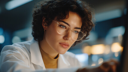 Focused scientist in lab coat working intently on research with glasses