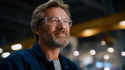 Confident skilled worker smiles wearing safety glasses in modern factory