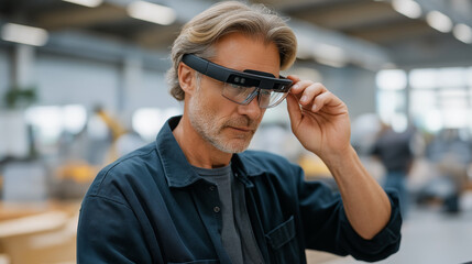 Man adjusts smart glasses in modern factory, embracing future tech