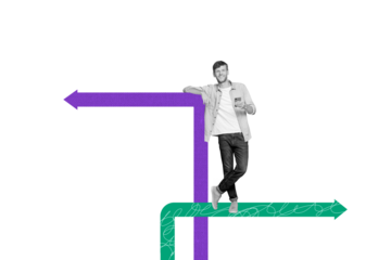 Composite trend artwork sketch image photo collage of copyspace arrow way direction point choose young man stand hand hold smartphone