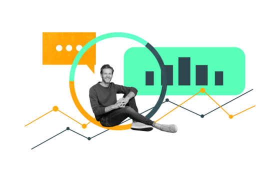 Creative sketch collage of happy businessman analyst sit graph development chart statistics arrow career growth concept diagram