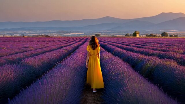 Woman Walking Through a Lavender Field: A solitary woman walks gracefully amidst rows of fragrant lavender, the vibrant purple flowers extending towards the horizon as the sun casts a warm light.