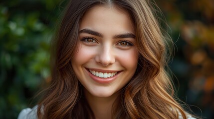 Naklejka premium Radiant smile of a beautiful young woman with long wavy hair, exuding happiness and confidence for beauty and wellness brands
