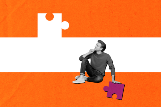 Composite photo collage of minded businessman think solution puzzle segment development logic jigsaw isolated on colorful background