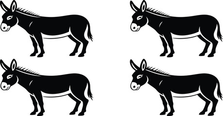 Four identical black donkey silhouettes on a white background, perfect for playful or agricultural themes.