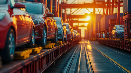 Cars transported on a platform at a port terminal. Containers and cranes are visible in the background.