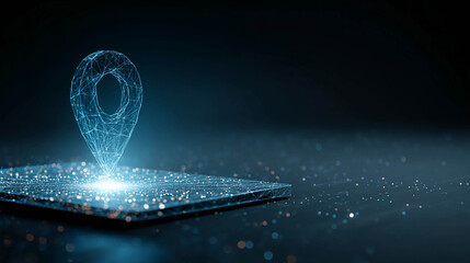 An abstract digital geolocation icon floating above a tablet.