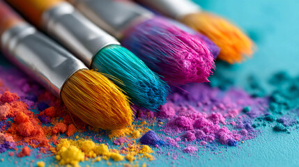 Fototapeta premium Art brushes lying on a surface with different colors of paint: blue, orange, and yellow. The paint is scattered in the form of powders and drops.