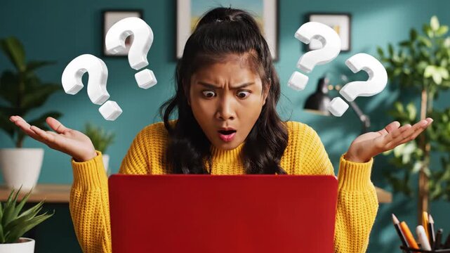 Young woman with laptop reacts in shock as question marks appear around her