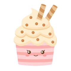 Cute Cupcake Cartoon Character with Wafer Sticks Illustration