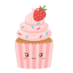 Cute Strawberry Cupcake Cartoon Illustration