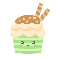 Cute Cupcake with Cream and Wafer Sticks Illustration