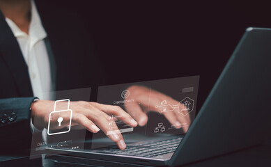 Cybersecurity dashboard interface showing data protection, secure login and network technology. digital padlock security systems, privacy controls.