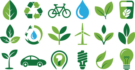 Vibrant eco friendly icons promoting sustainable lifestyle and green energy solutions