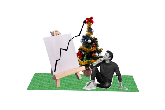 Composite creative art collage of minded man think arrow development new year eve tree decor xmas tradition isolated on painted background