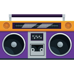 Retro Boombox Portable Radio Cassette Player Purple Orange and Gray with Black Speakers and Silver Accents Detailed Vector Illustration Isolated on White Background