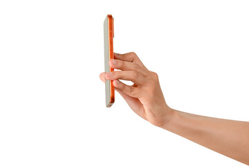 A hand holding a new cosmic orange smartphone, isolated on a transparent PNG.