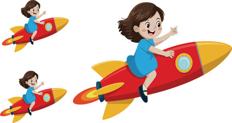 Joyful little girls soaring on rockets, exploring imagination and future possibilities