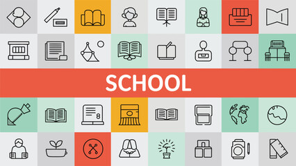 Vibrant icons representing education, learning, and school concepts in a modern design