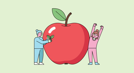 Obraz premium People interacting with giant red apple representing healthy eating and lifestyle.